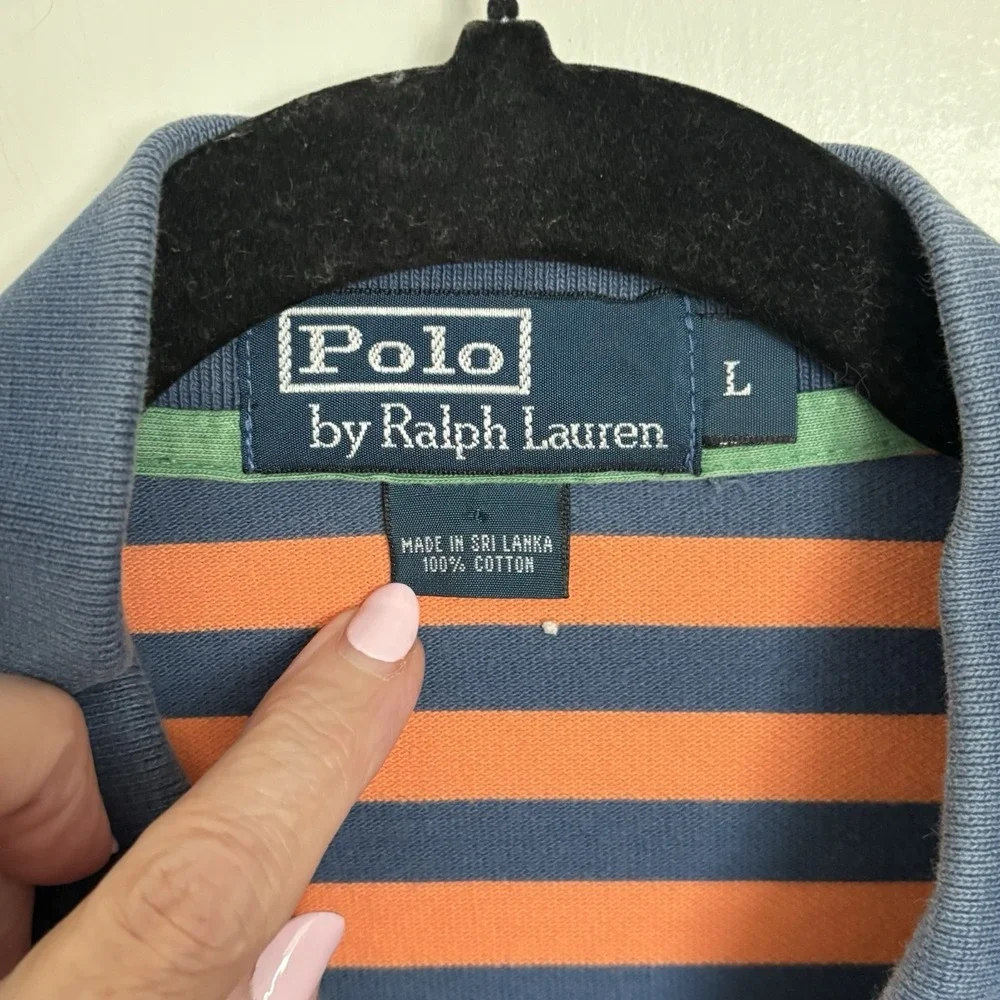 Vintage Ralph Lauren Polo Orange Blue Striped Polo Shirt Mens Large Pony Preppy